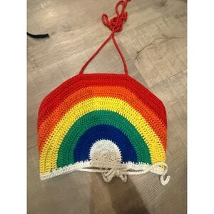 Handmade Crochet Rainbow Halter Top - Size Small - Vibrant Festival Wea